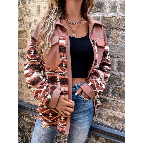 WILA Jackets & Blazers - orange aztec boho Geo print shacket Drop Shoulder Coat